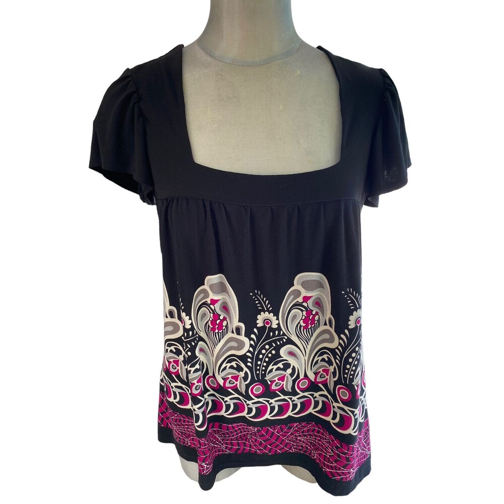 I-N-C Black Square Neck Top Large Deep Pink & Cream Design From Under Bust - Hem